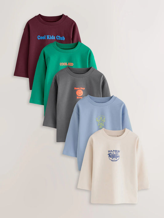 Multicolored Bright Funny Graphic Lettering - Long-Sleeved Shirts in a Pack of 5
