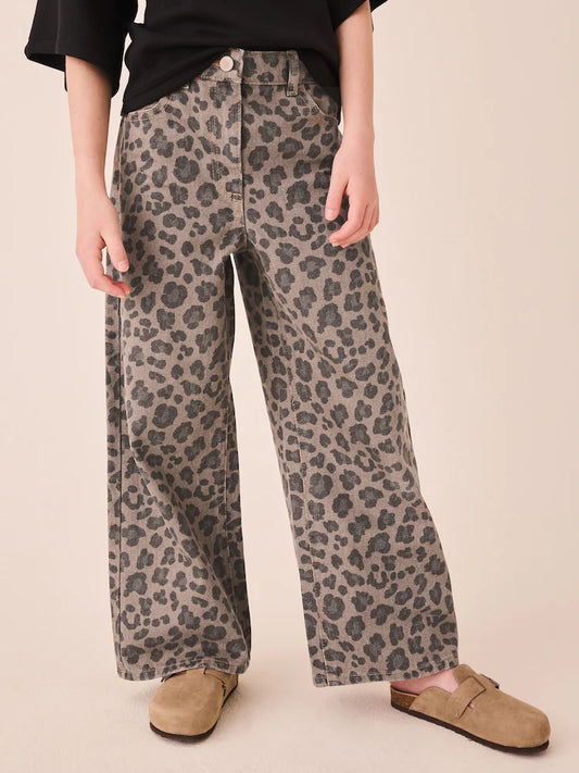 Grey/animal print wide-leg jeans