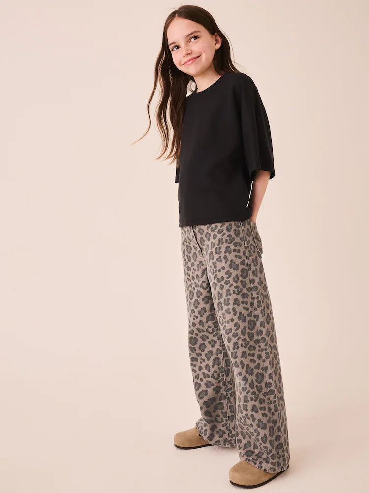 Grey/animal print wide-leg jeans