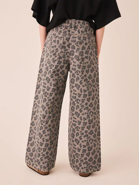 Grey/animal print wide-leg jeans