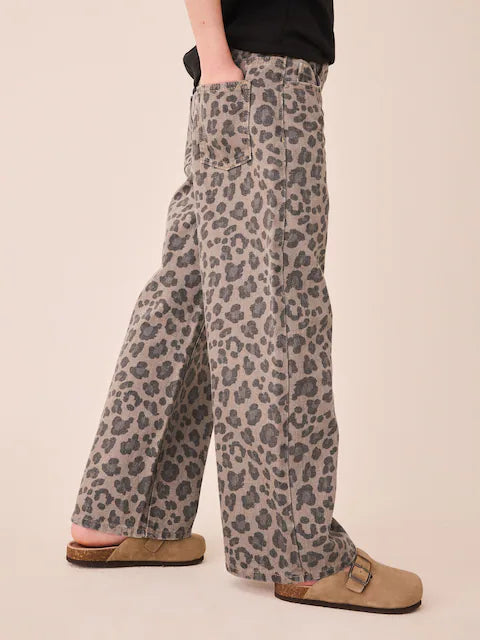 Grey/animal print wide-leg jeans