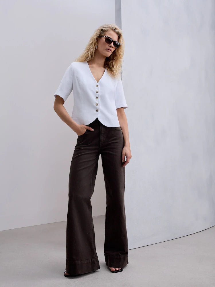 Chocolate brown - High rise stretch jeans with wide leg
