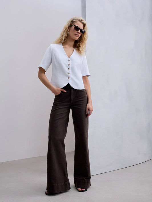 Chocolate brown - High rise stretch jeans with wide leg