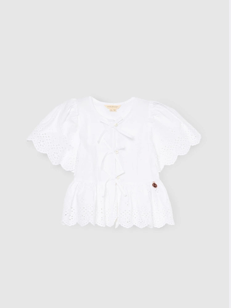 White - Angel & Rocket Ria blouse with eyelet embroidery, tie front and peplum