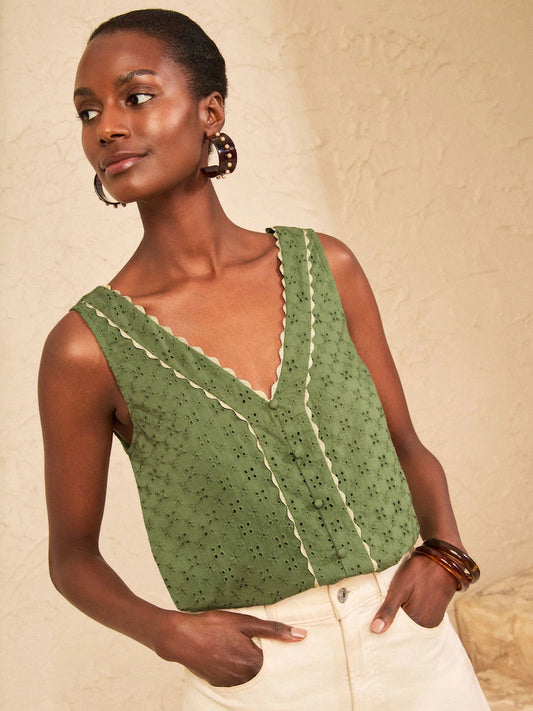 Khaki Green - Love & Roses Broderie Trim Vest