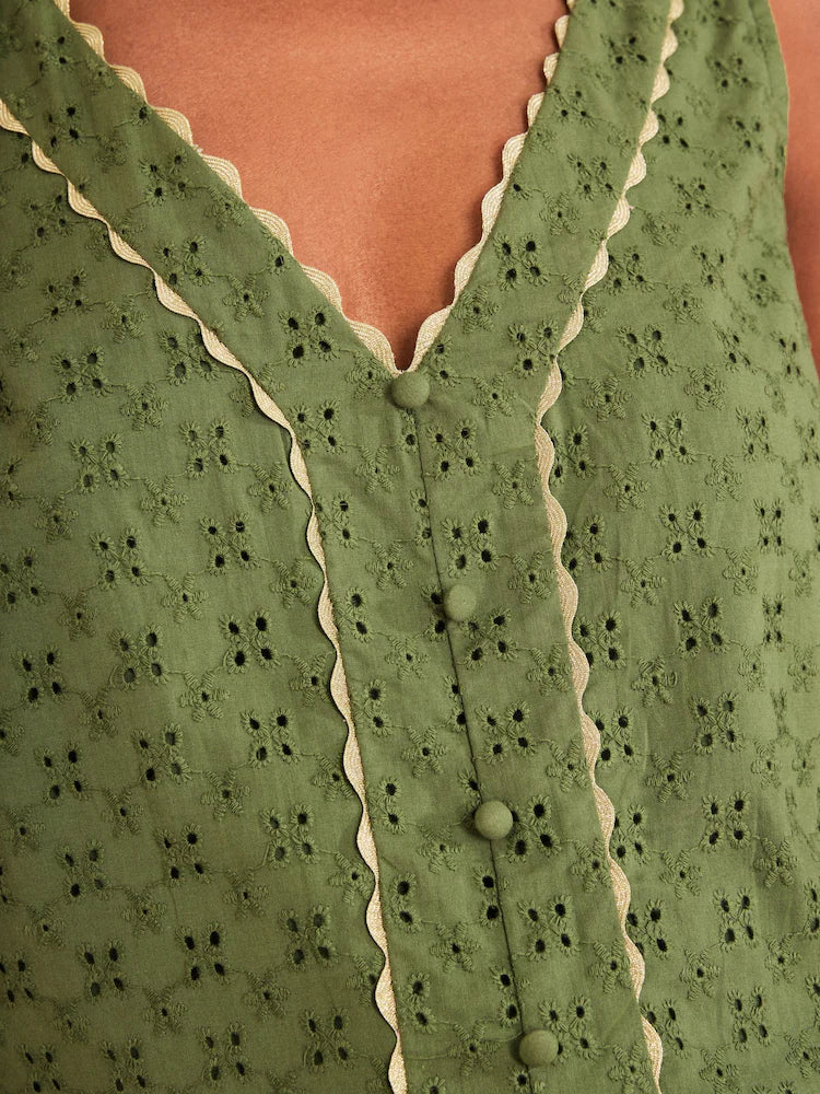 Khaki Green - Love & Roses Broderie Trim Vest