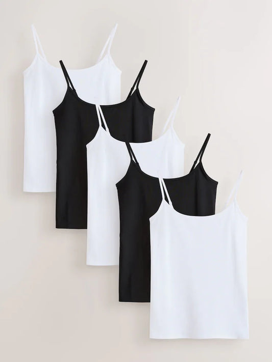 White and black - tank tops with spaghetti straps, 5-pack