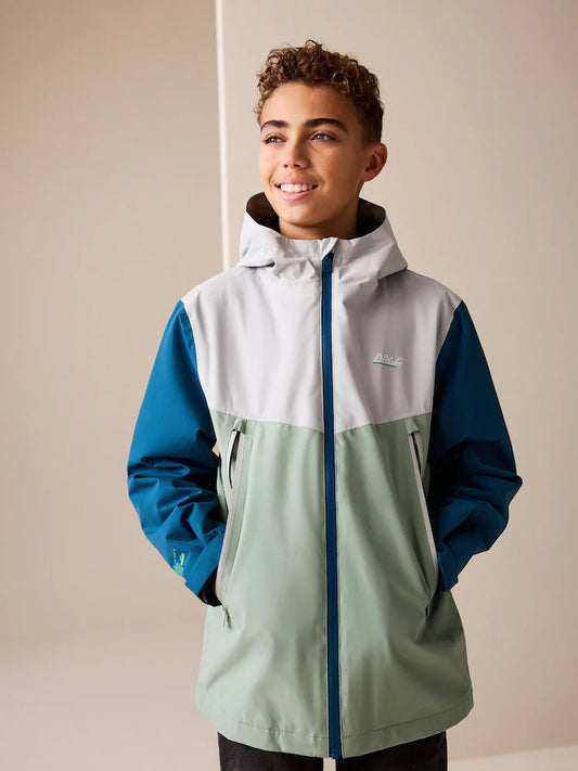 Blue/Green block colors - Waterproof fleece jacket with hood and lining (3-17 years)