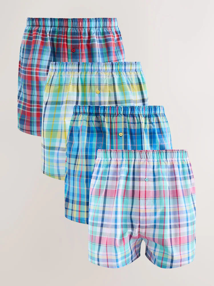 Red/Blue/Madras Check - 4 Pack - Woven 100% Cotton Boxers