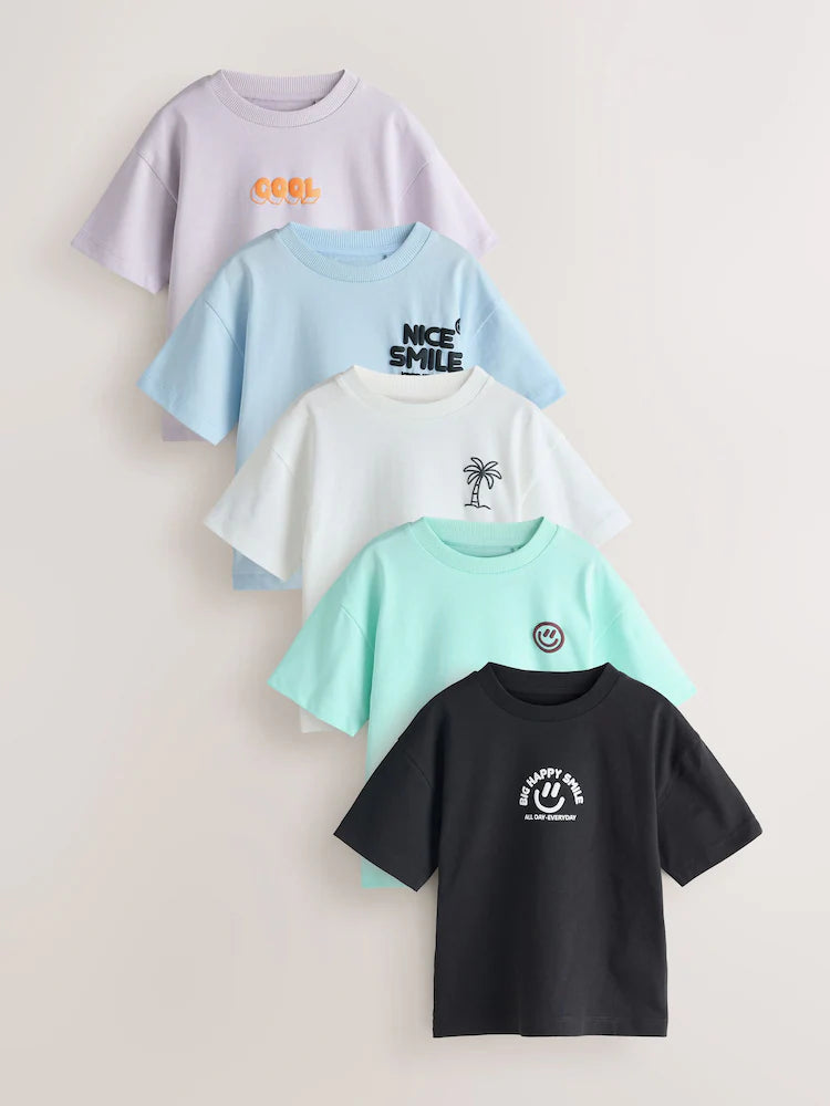 White/Blue/Green/Black/Purple - Small short-sleeved graphic T-shirts in a pack of 5