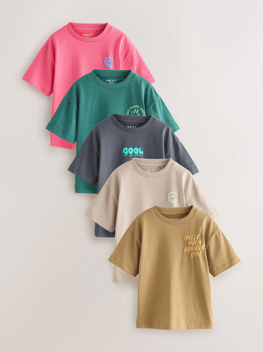 Green/Anthracite/Stone/Pink/Brown - Small short-sleeved graphic T-shirts in a pack of 5