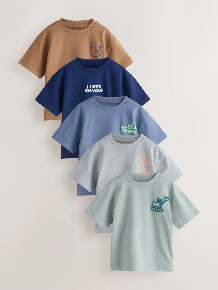 Blue/Anthracite/Green/Brown/Grey - Small short-sleeved graphic T-shirts in a pack of 5