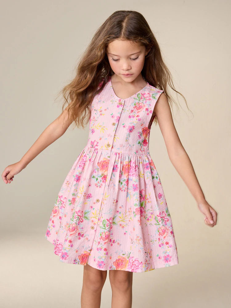 Rosa geblümt - Streifen-Kurzarm-Kleid mit Knopfleiste (3bis16Jahre)
