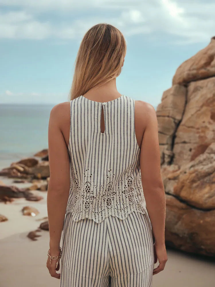 Blue/White - Striped Eyelet Embroidery Shell Top