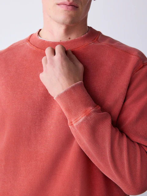 Red - Garment-wash boxy fit sweatshirt with waffle texture and crew neck