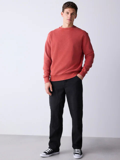 Red - Garment-wash boxy fit sweatshirt with waffle texture and crew neck
