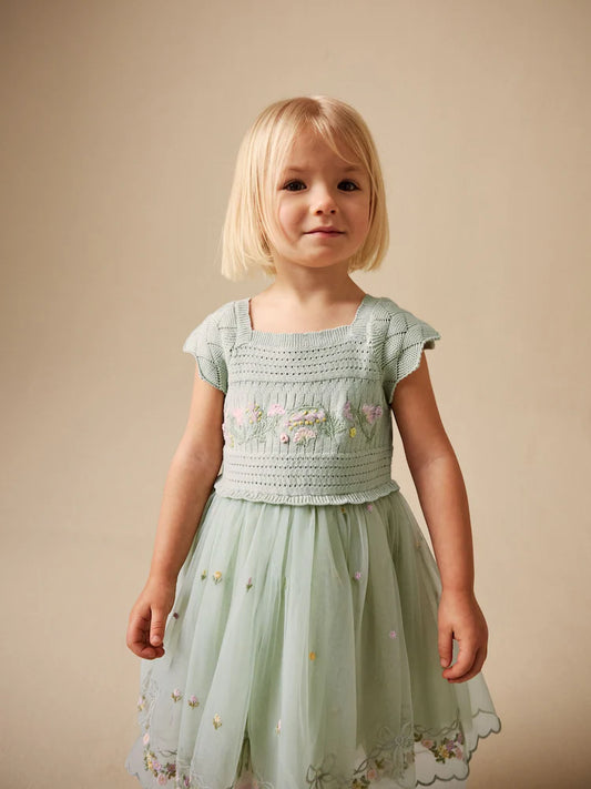 Sage green - Party dress made of crochet lace & tulle with floral pattern