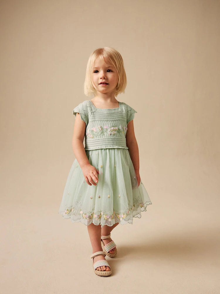 Sage green - Party dress made of crochet lace & tulle with floral pattern