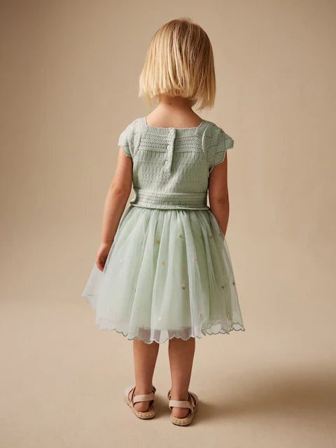 Sage green - Party dress made of crochet lace & tulle with floral pattern