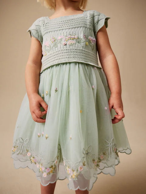 Sage green - Party dress made of crochet lace & tulle with floral pattern