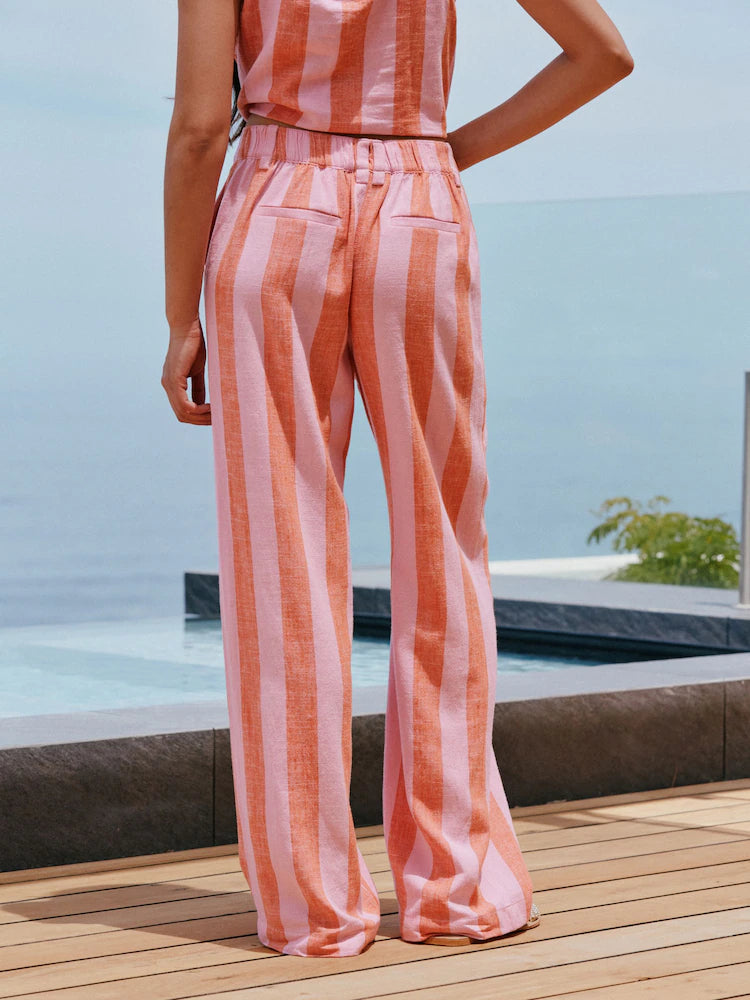 Streifen in Pink/Orange - Elegante Smart Front Leinen-Blend Hosen mit Weitem Bein