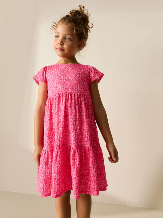 Pink Floral Crinkle Dress with Flutter Sleeves (3-16 years)
