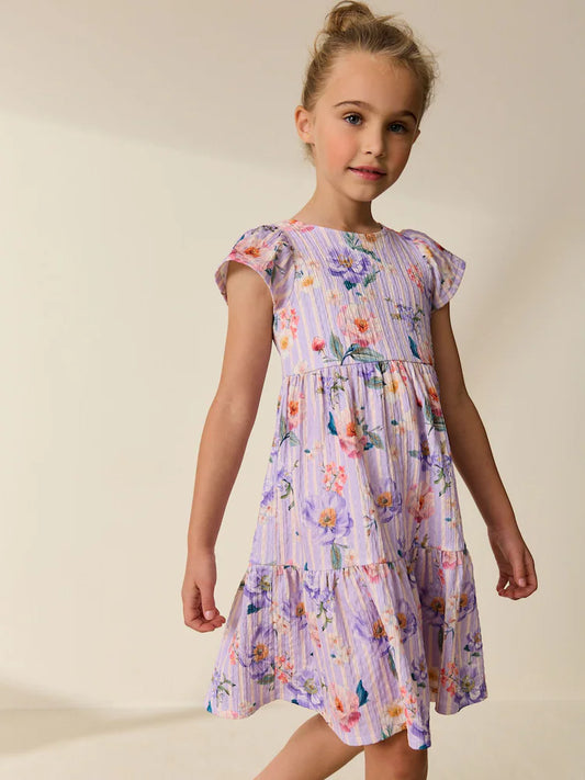Lilac floral print crinkle dress with flutter sleeves (3-16 years)