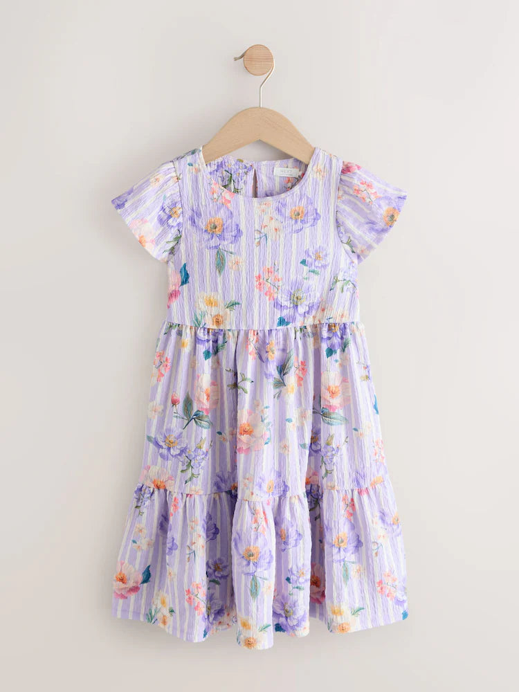 Lilac floral print crinkle dress with flutter sleeves (3-16 years)