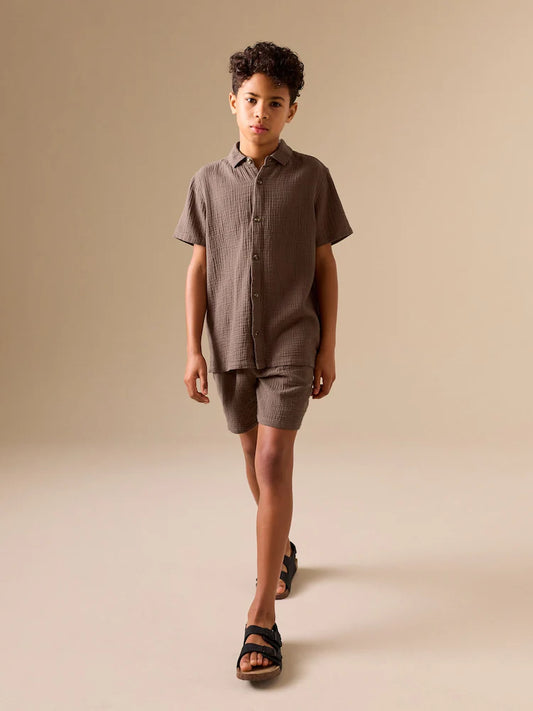 Chocolate Brown Short Sleeve Double Cloth Textured Shirt and Shorts Set