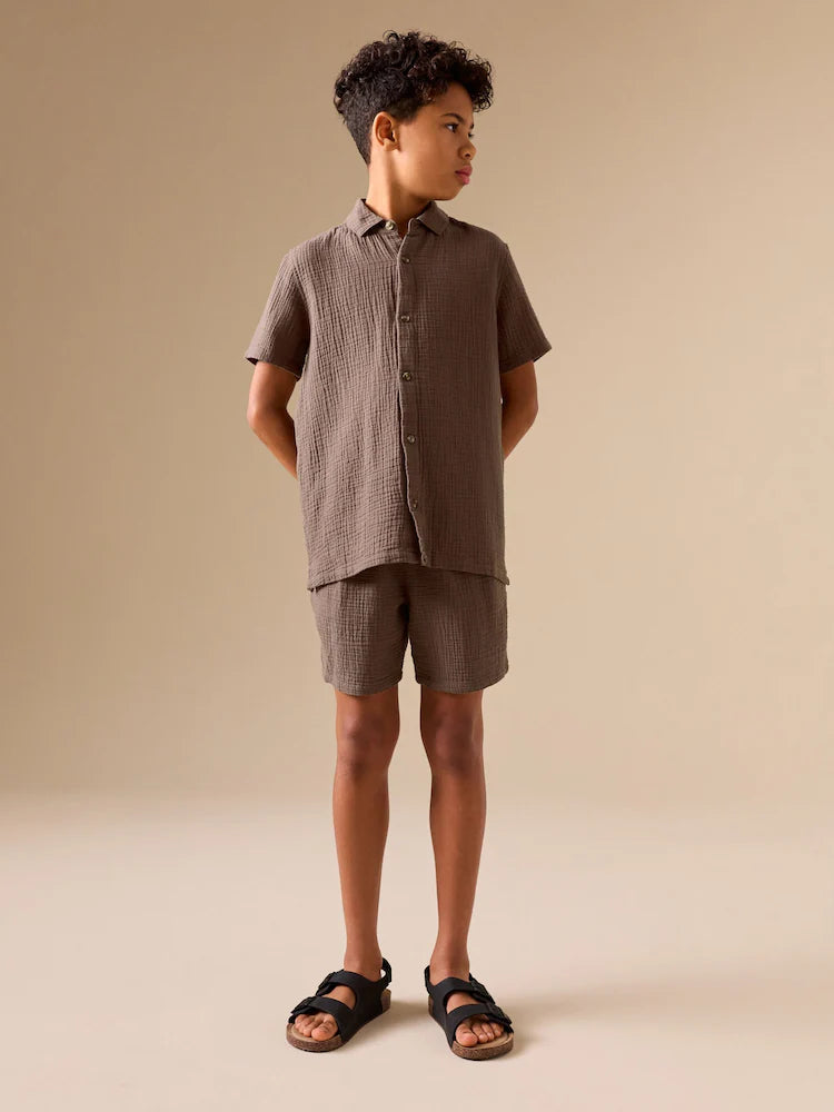 Chocolate Brown Short Sleeve Double Cloth Textured Shirt and Shorts Set