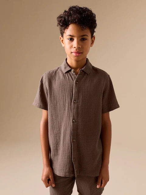 Chocolate Brown Short Sleeve Double Cloth Textured Shirt and Shorts Set