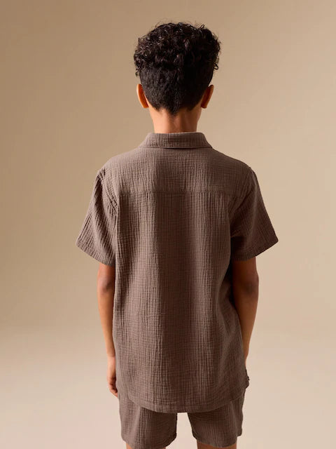 Chocolate Brown Short Sleeve Double Cloth Textured Shirt and Shorts Set