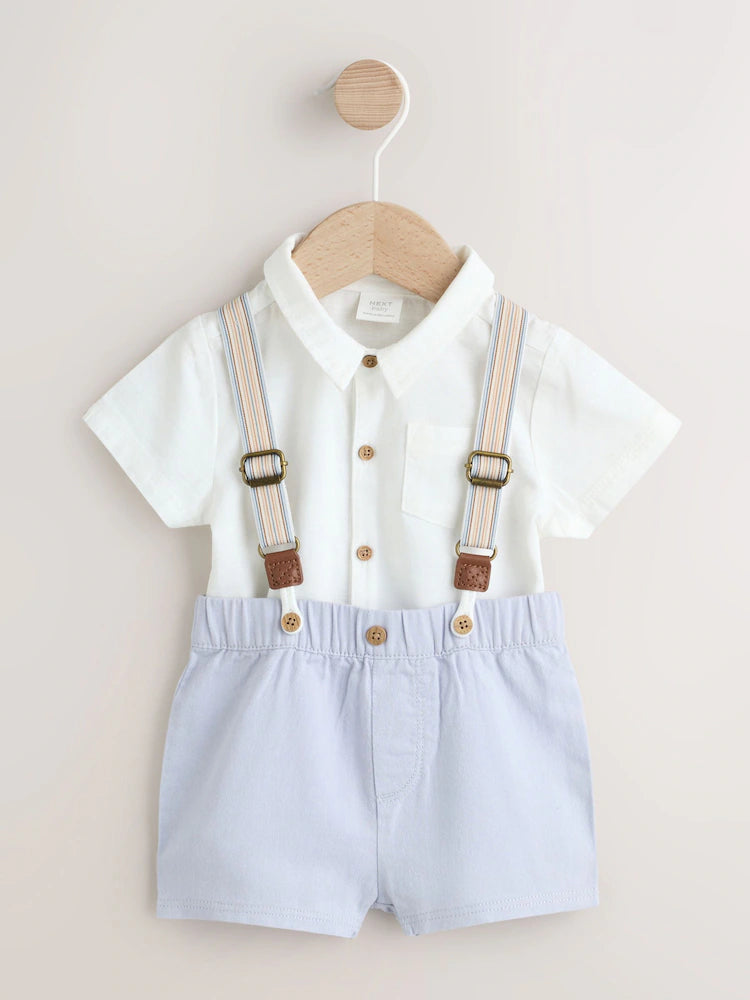 Blue - Shirt, bodysuit, shorts and suspenders baby set 3 piece