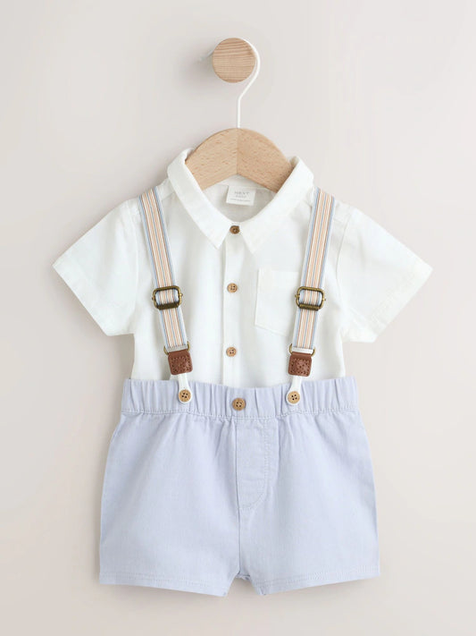 Blue - Shirt, bodysuit, shorts and suspenders baby set 3 piece