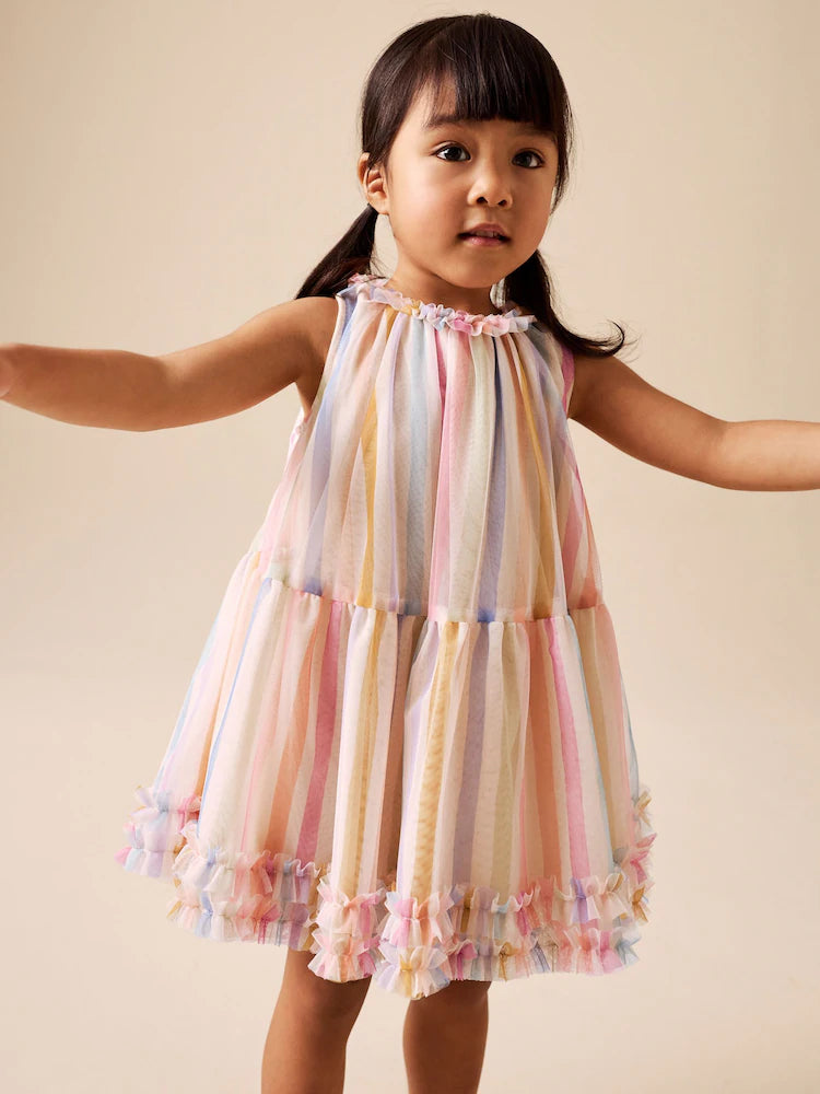 Rainbow-colored party dress made of mesh fabric (3 months–7 years)