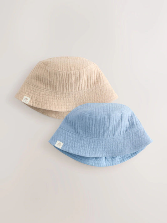 Blue and beige bucket hats for babies, 2-pack