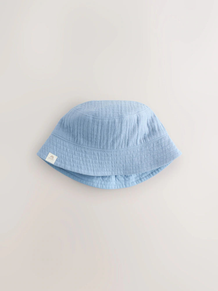 Blue and beige bucket hats for babies, 2-pack