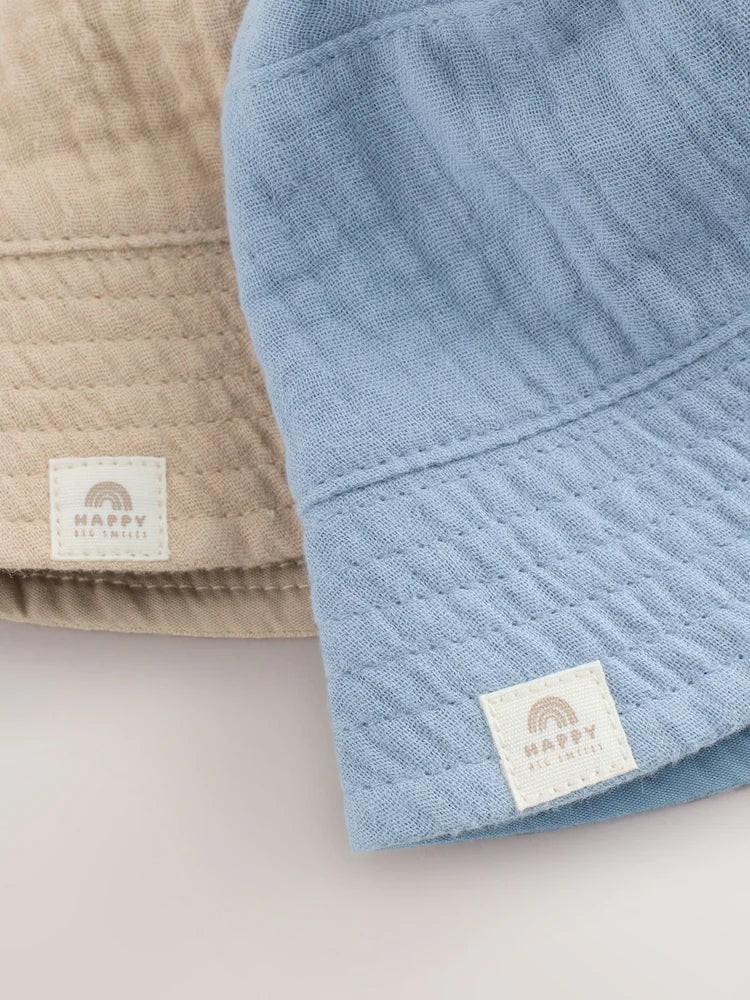 Blue and beige bucket hats for babies, 2-pack