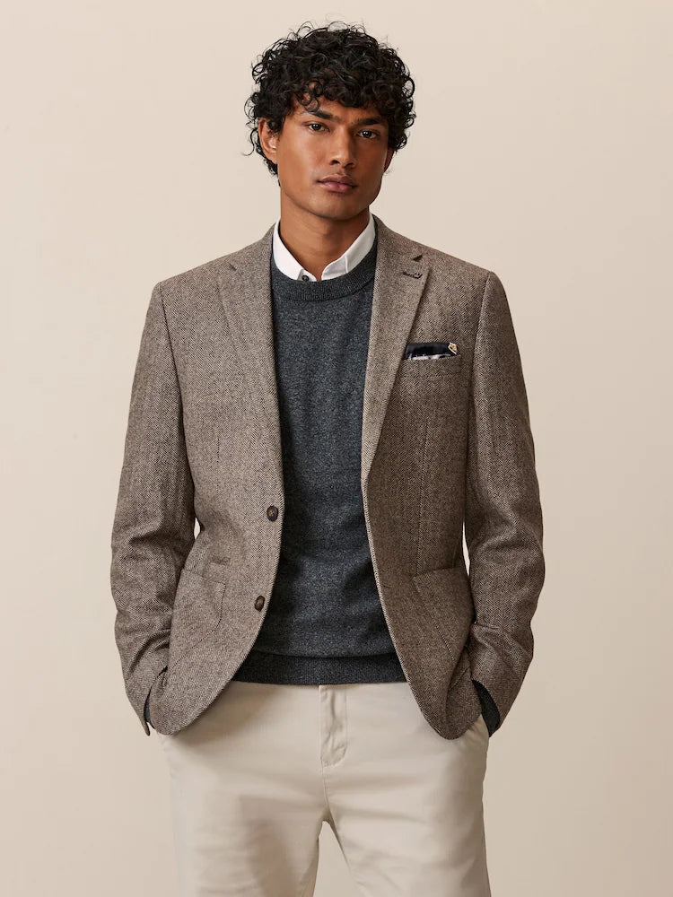 Taupe - Regular fit - Jacket with high wool content and herringbone pattern