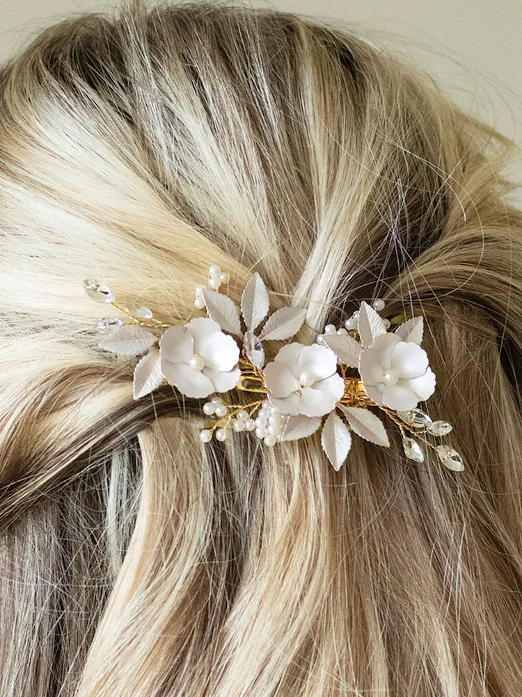 Gold - Ivory & Co Gardenia Enamel Flower Clip with Crystal and Pearl