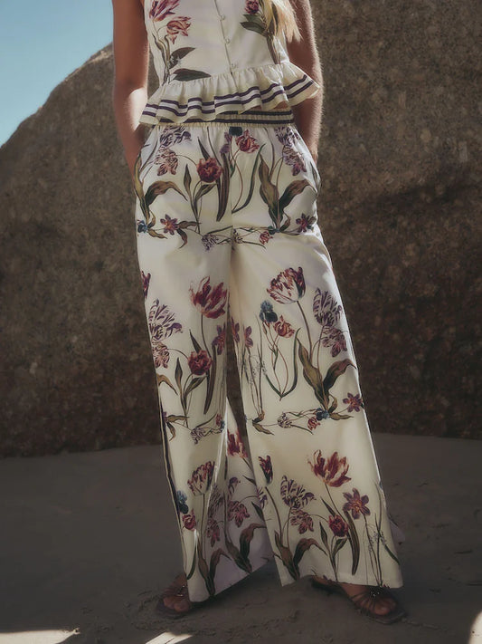 White/Green Tulip Print - Wide Leg Palazzo Trousers