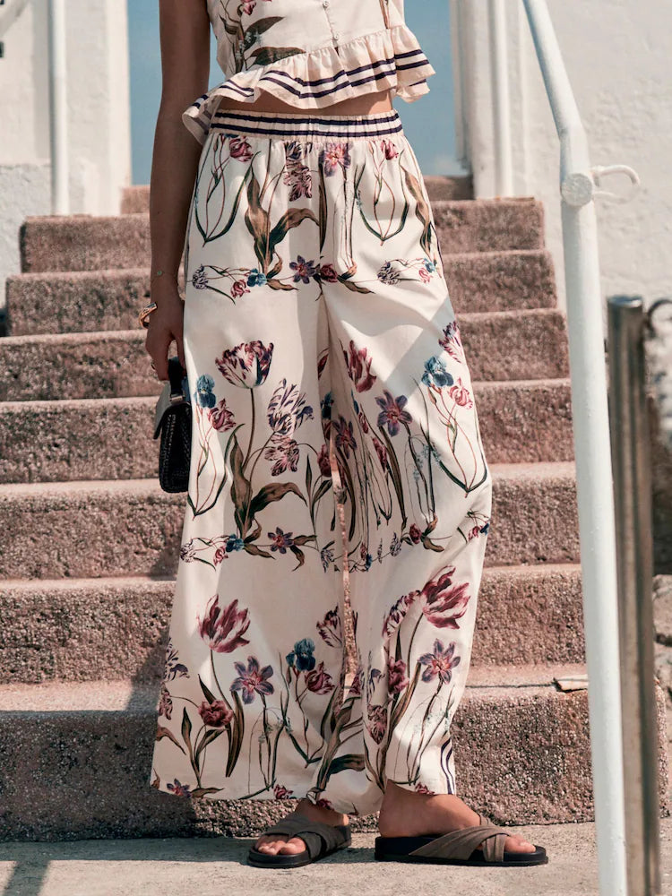 White/Green Tulip Print - Wide Leg Palazzo Trousers