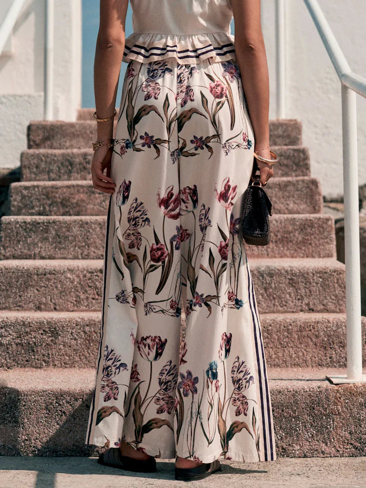 White/Green Tulip Print - Wide Leg Palazzo Trousers