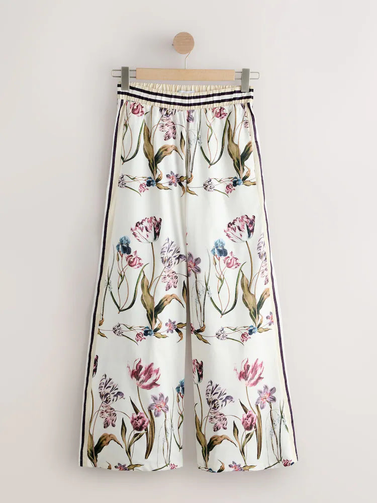 White/Green Tulip Print - Wide Leg Palazzo Trousers