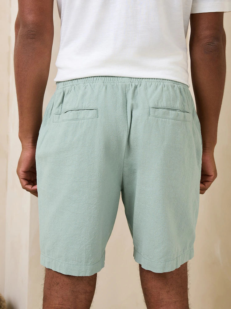 Sage green - Shorts in a textured cotton-linen blend with drawstring