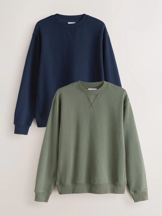 Navy Blue/Khaki Green Lightweight Cotton Rich Jersey Crew Sweatshirt 2 Pack