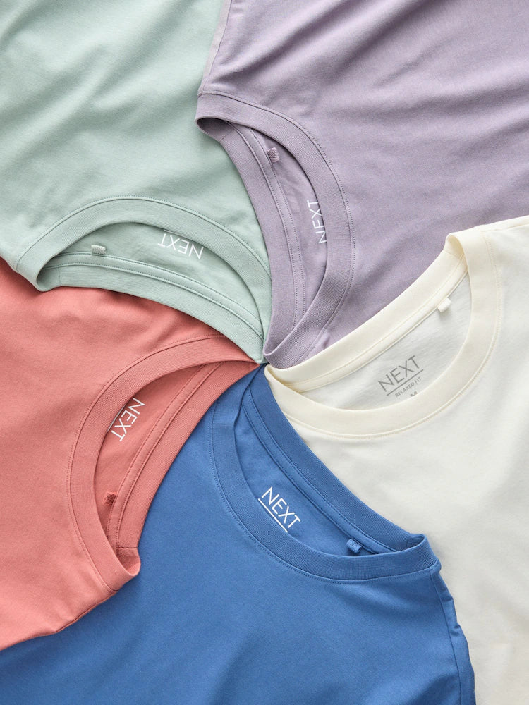 Mint/Lilac/Ecru/Coral/Blue - Essential cotton T-shirts with a relaxed fit, 5-pack