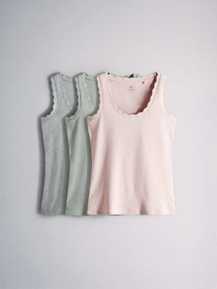 Blasspink/Pastellgrün/Grau meliert - The Set 3 er-Pack Rippwesten mit Muschelsaum