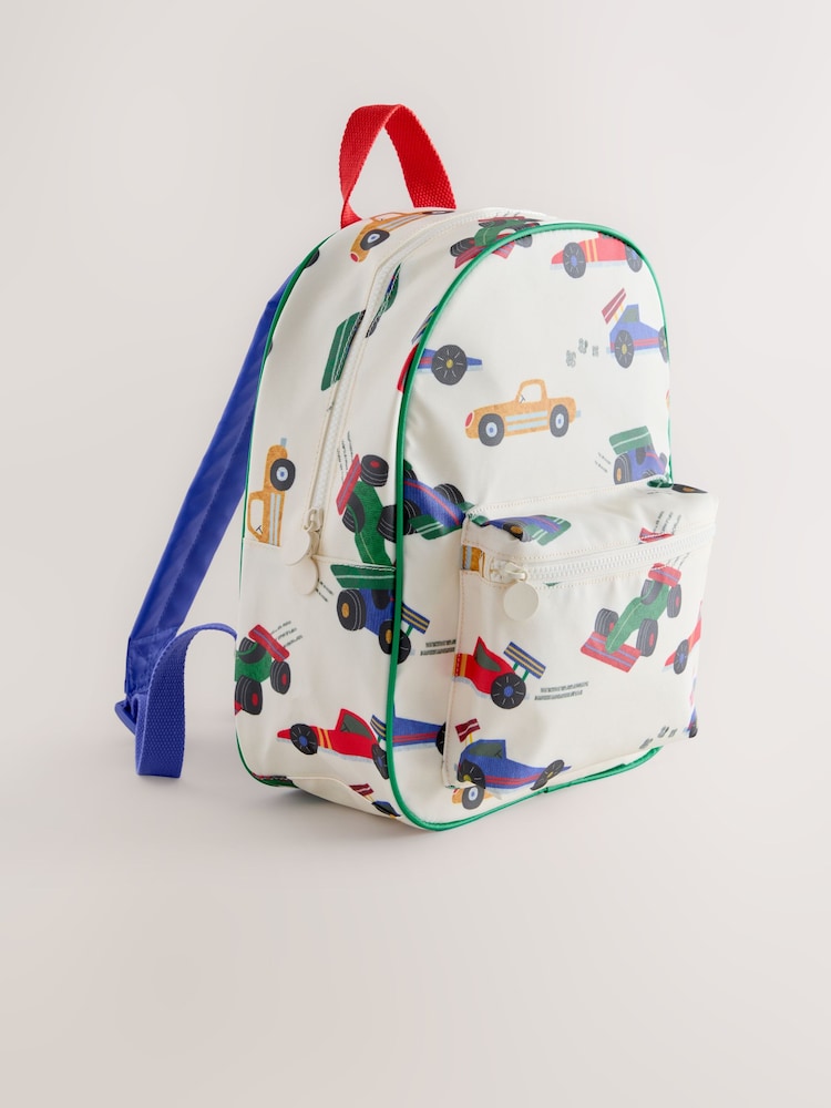 Ecru and white clothing with an all-over car print - backpacks