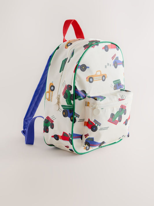 Ecru and white clothing with an all-over car print - backpacks